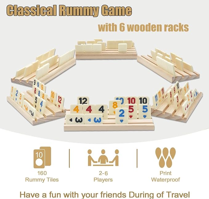 Rummy Game with 6 Wooden Racks/Trays, Rummy Cube with Portable Case 160 Tiles Travel Set with 6 Tiles Holders, Okey Game for 2-6 (Rummy Cube 6 Player Edition)