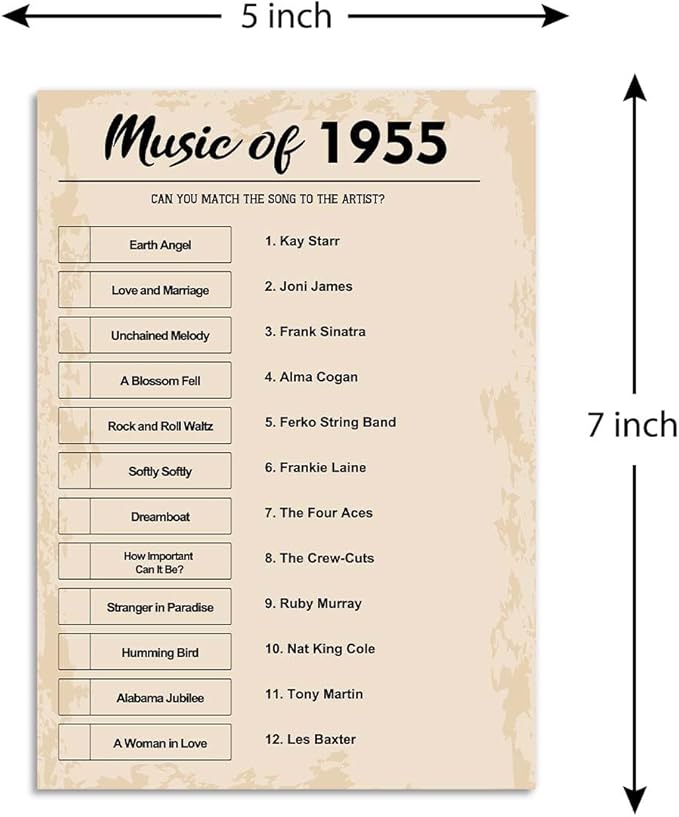 QUPT 70th Birthday Party Games, Music of 1955 Trivia, Pack of 30 Cards for Adults, Ages 216+