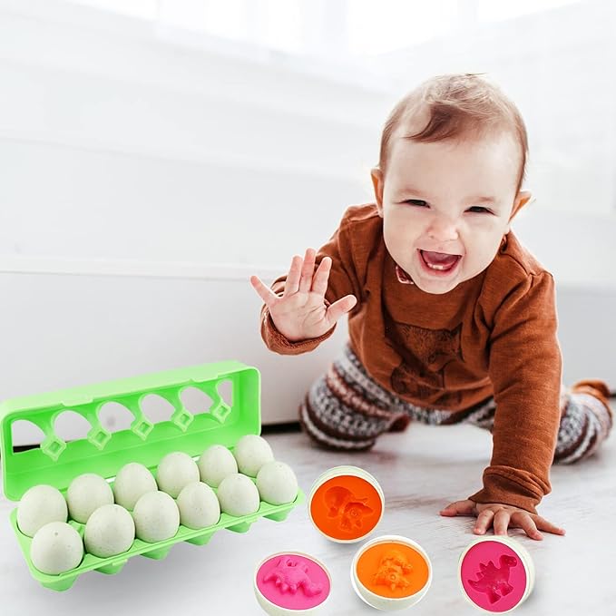 Dimple 12 Dinosaur Egg Matching Toy Play Matching Eggs Easter Toy w/Holder - Egg Toys for Toddlers STEM Egg Toys - Colors & Shapes Recognition for Kids -Educational Color Sorting Toy