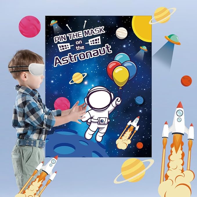 Pin The Mask on The Astronaut Games, Space Birthday Games for 24 Players First Trip Around The Sun Sticker Game Astronaut Poster with 24 Stickers and 2 Eye Masks Space Decorations