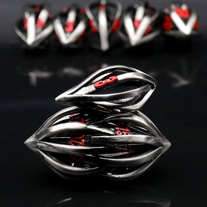 DND Dice Set Arcanum for Dungeons and Dragons, Hollow Metal D&D Dice Role Playing Polyhedral Dice for Tabletop Game (Arcanum Red Number)