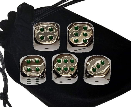 Set of (5) Solid Zinc Alloy Metal Polished Finish 16mm Dice, Rounded Corners with Black Velvet Cloth Pouch