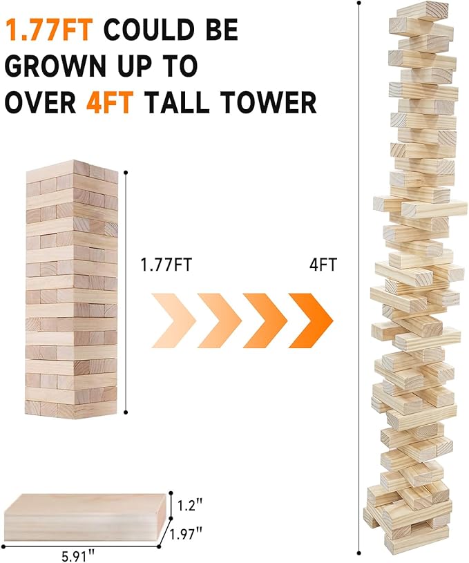 Nattork Giant Tumbling Tower (Stack from 1.77Ft to 4+ Ft), Wood Stacking Giant Blocks Game| Made from Premium Pine Wood| Ideal for Family, 54PCS