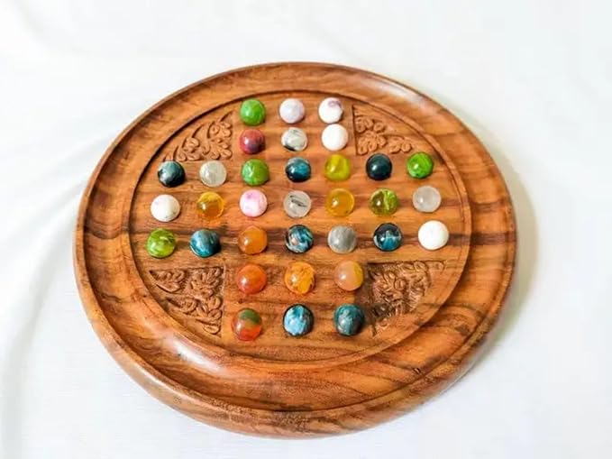 Acacia Wood Solitaire Handmade Board Game | with Multi Color Marble Balls Vintage Indian Design Game for Senior Adult Play Table Home Decor Wooden Game