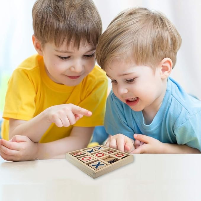Gamie Wooden Tic-Tac-Toe Game, Small Classic Wood Travel Game for Kids with Fixed Spinning Pieces, Fun Indoor Night Activity for Boys and Girls