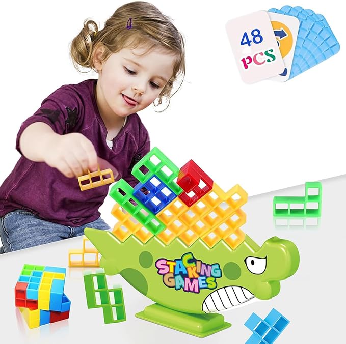 QINGMU 48 PCS Tetra Tower Game, Tetra Tower Balance Stacking Blocks Game, Dinosaur Balance Stacking Team Building Blocks Toy, Team Building Blocks Board Game