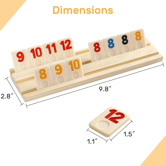Rummy Cube Game Set with 4 Wooden Racks/Trays, 106 Large Numbers Rummy Tiles Set with Zippered Case, Rummy Travel Game Set with 4 Tiles Holders - Classic Board Games for Family Adults Kids