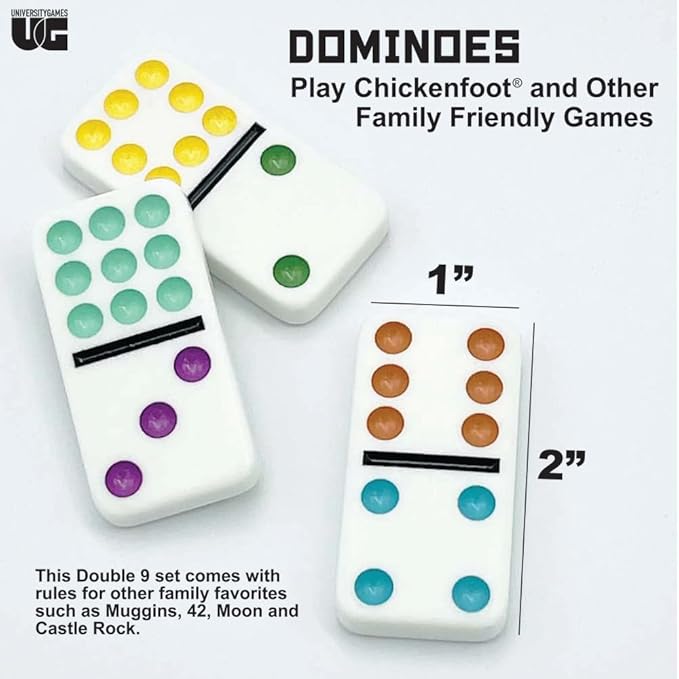 Front Porch Classics, Double 9 Colored Dot Dominoes Travel Tin Set, 2 to 8 Players Ages 8 to 99