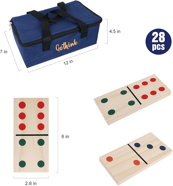 GOTHINK Giant Wood Dominoes Game Outdoor Set for Adults and Kids, 28pcs Jumbo Large-Format Domino Tile with Carrying Bag for Birthday Holiday Family Party Games & Outdoor Lawn and Backyard Activities