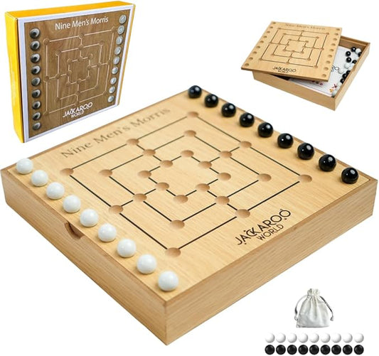 Nine Mens Morris Board Game - 2 Player Games - Marble Tic Tac Teo Game - Ancient Rome Board Game - Black & White Marble Strategy Game - Adult Games Wooden Board Games for Adults (Oak)