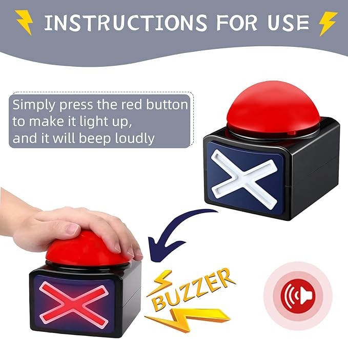 Game Buzzer, Party Competition Prop Toy with Lights and Alarm Sound Game Show Button Box, Quiz Buzzer for Game Show, Quiz Master Buzzer for Family Competition Games (2 PCS)
