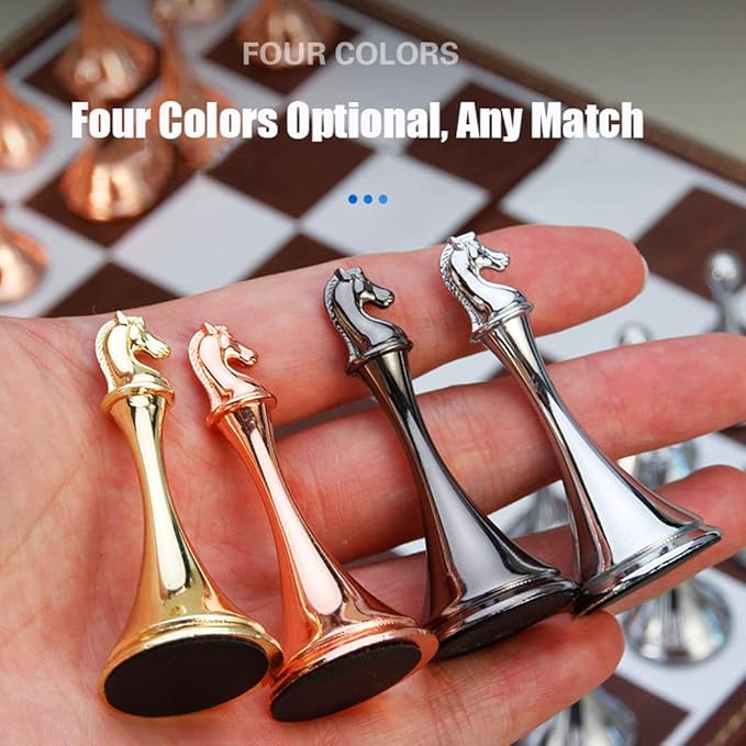 Chess Set, Magnetic Travel Chess Set, Large Metal Deluxe Chess Retro Alloy Adult Board Game Portable Wooden Box Storage Folding Chess Set,D