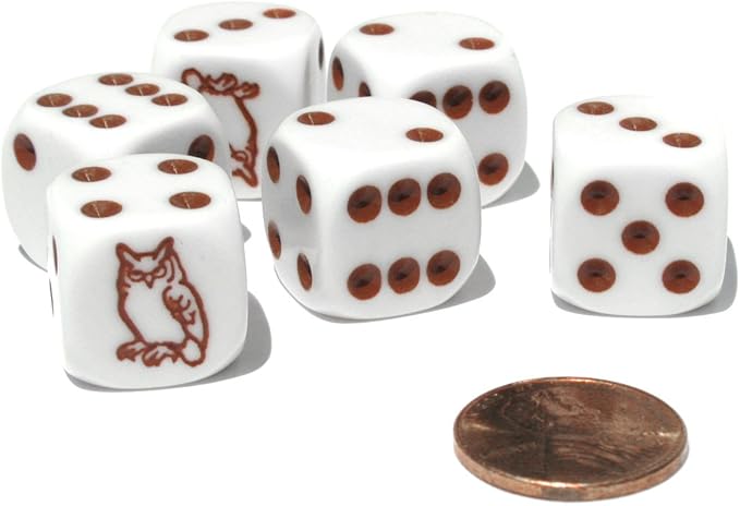 Set of 6 Owl 16mm D6 Round Edged Koplow Animal Dice - White with Brown Pips