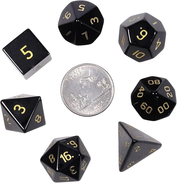 TUMBEELLUWA Engraved Crystal Stone Polyhedral Dice Set for RPG MTG Dungeons and Dragons Table Game 7 Pieces DND Board Game Dices with Pouch, Black Obsidian