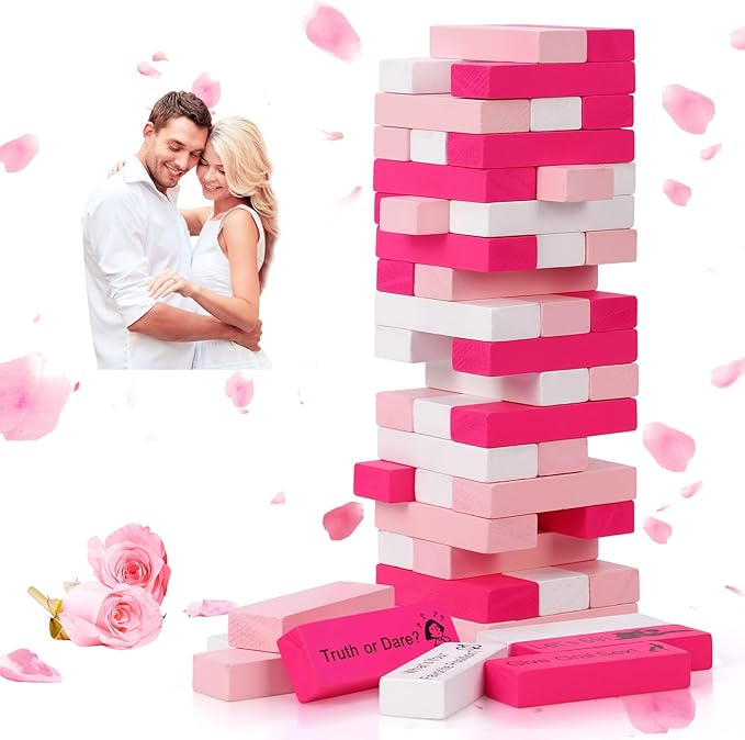 54 Pink & White Wooden Blocks with 6 DIY Challenges, Romantic Stacking Tower for Couples Game Date Night, Valentine Wedding