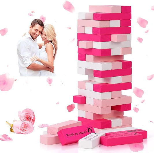 54 Pink & White Wooden Blocks with 6 DIY Challenges, Romantic Stacking Tower for Couples Game Date Night, Valentine Wedding