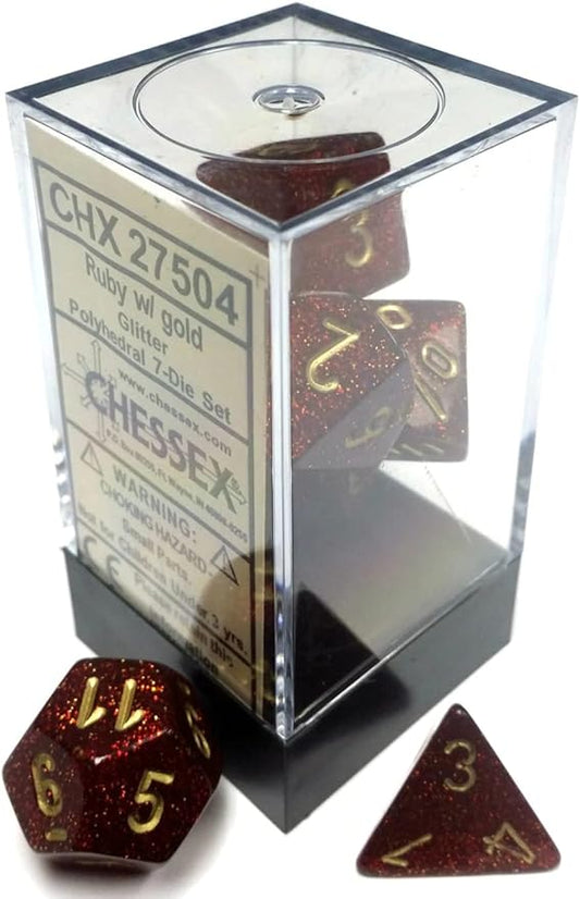 Glitter Polyhedral Ruby/Gold 7-Die Set, Ruby Red/Gold