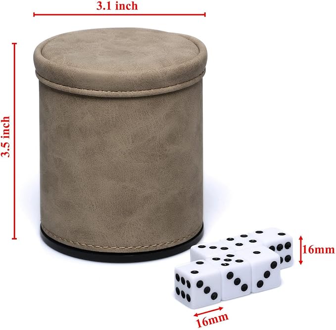 Brown Suede Faux Leather Dice Cup Set, Felt Lined PU Leather Dice Shaker with 6 Dice for Liars Farkle Yahtzee Game