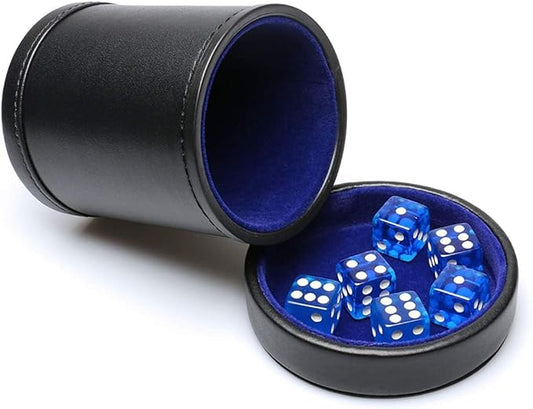 PU Leather Dice Cup with Lid, Blue Velvet Interior Quiet Dice Shaker Cup Including 6 BlueTranslucent Dice for Liars Dice/Farkle/Yahtzee Games, 1 Pack