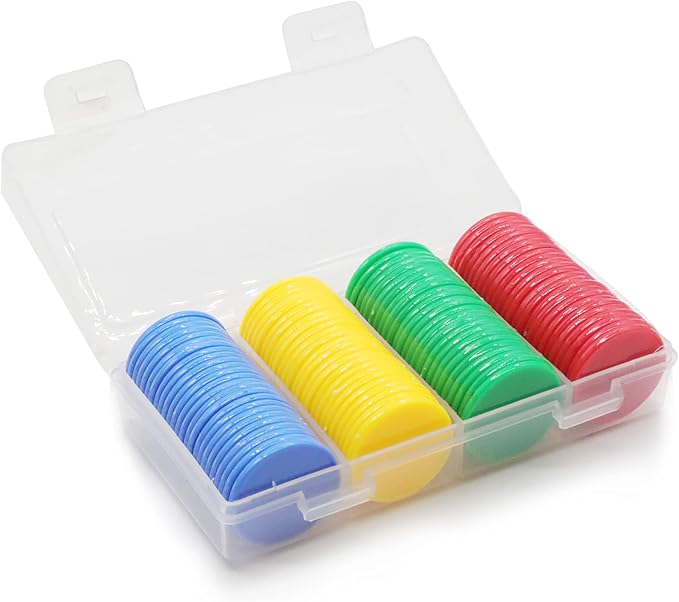 Set of 100 Opaque Plastic Learning Counters Mini Poker Chips Game Tokens with Storage Box (Red+Yellow+RoyalBlue+Green, 1 Inch)