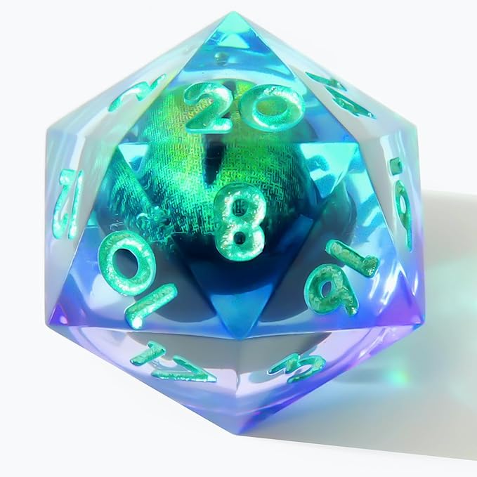 Single Liquid core D20 DND Dice-22MM Dargon Eye 20 sideds Resin Sharp Edged Resin Dice for Dungeons and Dragons, RPG, Polyhedral Roleplaying Games MTG Table Games(Green Purple)
