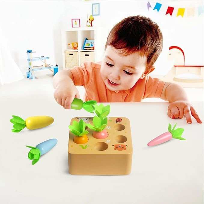 Skrtuan Wooden Toys for 1 2 3 Year Old Toddlers Baby Boys and Girls, Montessori Toy Carrot Harvest Game Shape & Sorting Matching Puzzle, Educational Developmental Birthday Gifts for Babies 6-12 Months