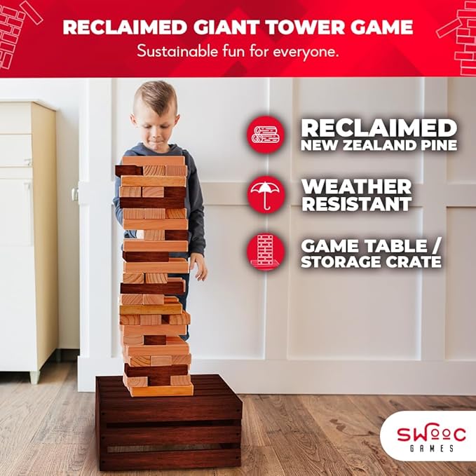 SWOOC Games - Reclaimed Giant Tower (Weather Resistant) 60 Blocks + Storage Crate/Outdoor Game Table | Stacks up to 5ft | Outdoor Table Games for Adults