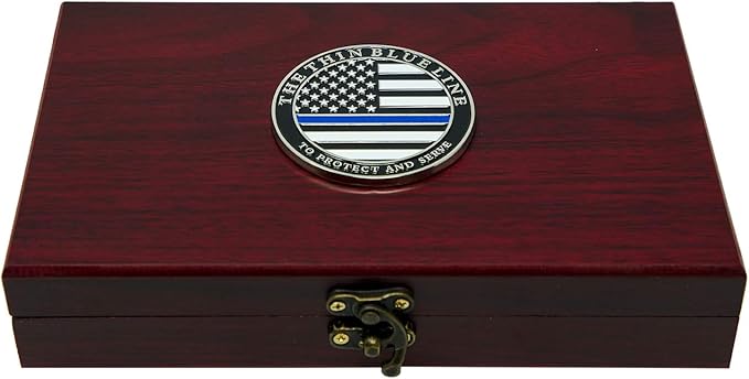 Military Gift Shop Police Officer Playing Cards & Dice in Wooden Keepsake Box - Thin Blue Line Flag - Police Officer Gifts | Police Card Set