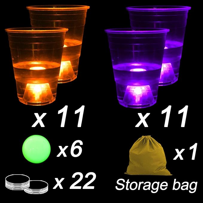 22 Pcs Set Orange & Purple Board Games for Glow Indoor,Outdoor Yard Games for Adults, with 6 Glow Games Theme Balls, Cup and Ball Game Lawn Games (16 oz)