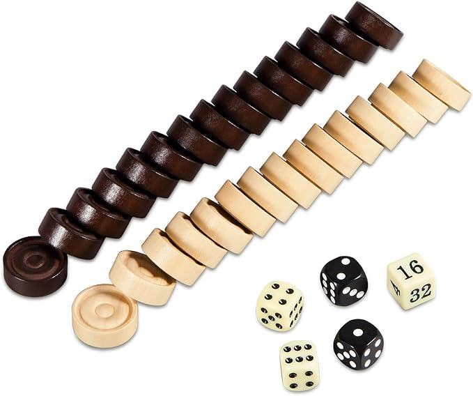 Classic Wooden Checkers Stackable Pieces, Backgammon Pieces, Set of 30 Checkers Pieces, 5 Dice, 2 Drawstring Storage Bags, Checkers (1.2 W X 0.4 H) Inches, Brown+Wood