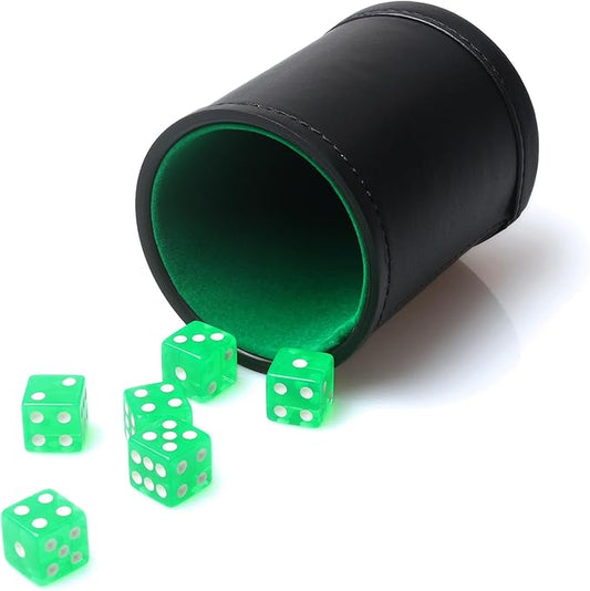 Faux Leather Dice Cup Set, Soft Velvet Interior Dice Cup Shaker Quiet with 6 Green Translucent Dice for Liars Dice/Farkle/Yahtzee Games, 1 Pack
