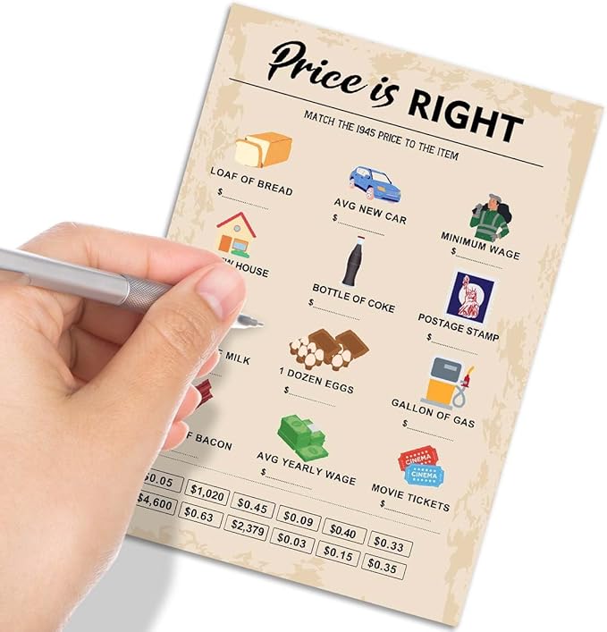 QUPT 80th Birthday Party Games, Price is Right Games, Birthday Party Supplies for Adults, Fun 1945s Party Game，Pack of 30 Cards