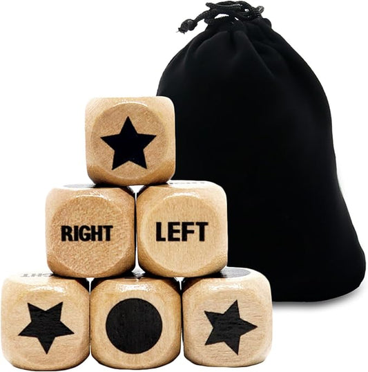 Left Right Center Game Dice 16mm Wooden Dice with Drawstring Bag,Standard Size 6 Sided for Left Right Center Game Dice Accessorie,Easy to Store and Carry (Upgraded 6 Pcs dice)