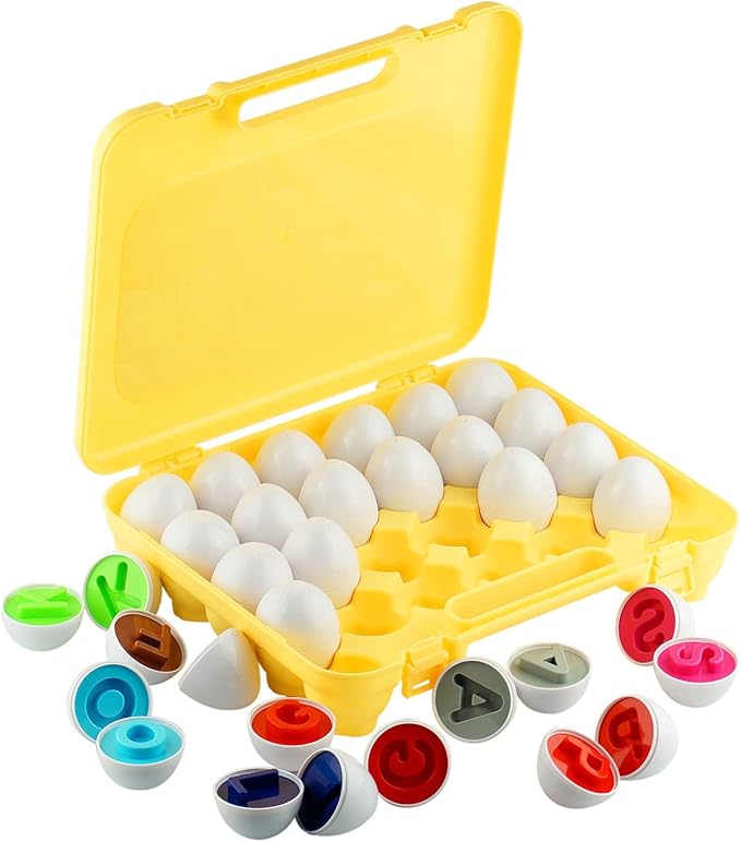 Dimple 26 ABC Alphabet Egg Matching Toy Play Matching Eggs Easter Toy w/Holder - Egg Toys for Toddlers STEM Colors & Shapes Recognition for Kids Educational Color Sorting Toy Eggs
