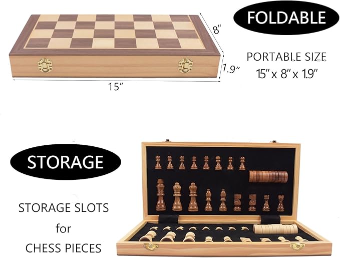 Wooden Chess and Checkers Game Sets Magnetic for Kids and Adult,Portable Travel Folding Game Board 2in1 Kits,Beginner Chessmen with Storage Slots