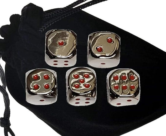 Set of (5) Solid Zinc Alloy Metal Polished Finish 16mm Dice, Rounded Corners with Black Velvet Cloth Pouch