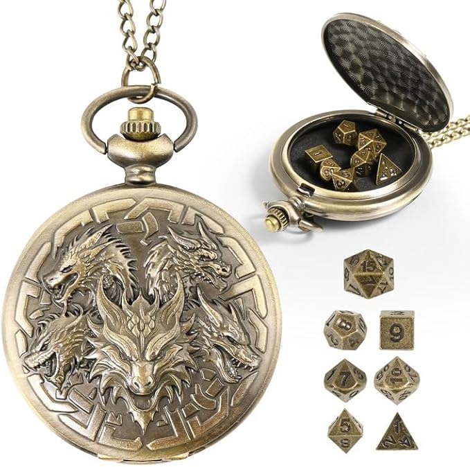 D&D Dice Set,7PCS Metal Dice for Dungeons and Dragons,Mini Dice Set with Pocket Watch Case,Role Playing Board Games Accessories (Dragon, Bronze)