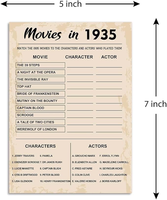 QUPT 90th Birthday Party Games, Movies in 1935 Games, Birthday Party Supplies for Adults, Fun 1935s Party Game，Pack of 30 Cards