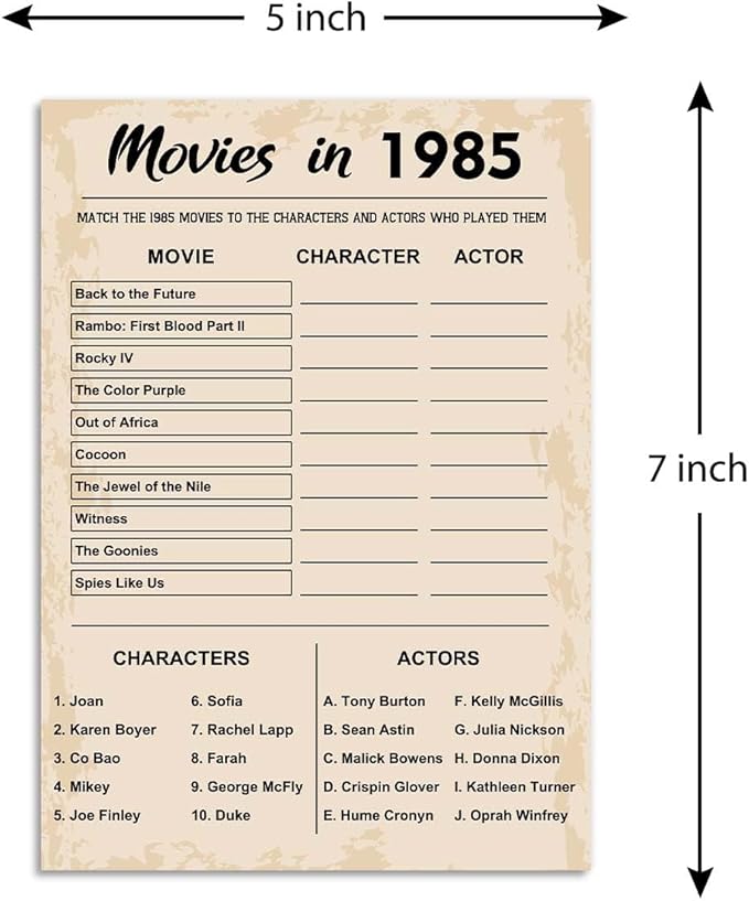 40th Birthday Party Games, Movies in 1985 Games, Birthday Party Supplies for Adults, Fun 1985s Party Game，Pack of 30 Cards