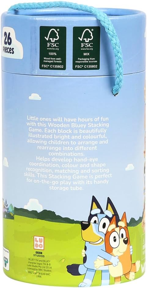 Bluey – Wooden Stacking Game – 25 Build and Balance Pieces with Characters and Sticks in a Storage Tube – FSC Certified for Children 3 Years and Up