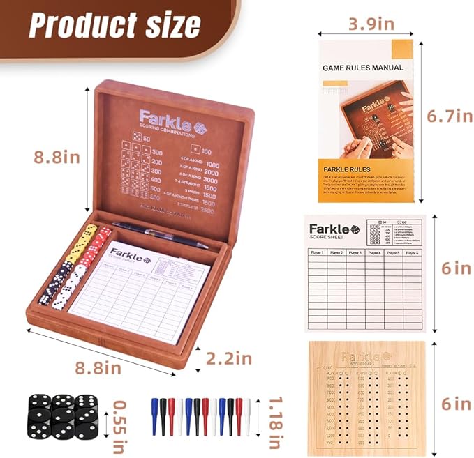 Farkle Dice Tray and Storage Case - Includes Embedded Scoring Combinations, 4 Sets of 6 Pearl Dice, 50 Sheet Score, 2 Scoreboards, 12 Scoring Sticks, and a Pen for The Classic Family Games (Brown)