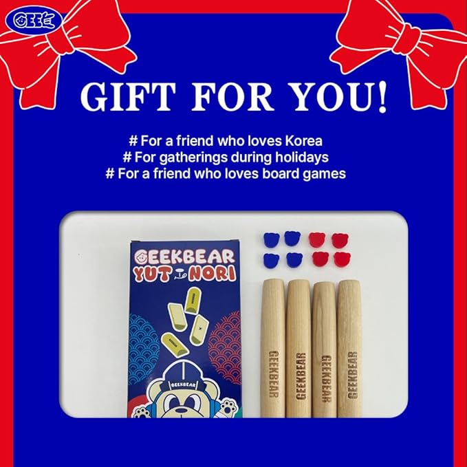 GEEKBEAR YUTNORI Board Game - Korean Board Game YUNNORI- Traditional Korean Folk Game with Yuts - Traditional Korean Family Game with Woodsticks - Korea YUT Nori Game
