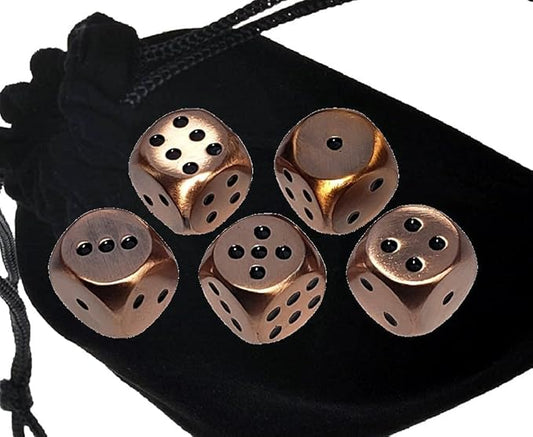 (6) Weighty Zinc Alloy Dice with Storage Pouch AMD Dice Rolling Felt Tray - Antique Copper with Black Dot (Antique Copper with Black Dots)