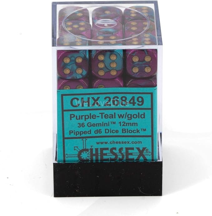 Chessex Dice D6 Sets: Gemini Purple & Teal with Gold - 12Mm Six Sided Die (36) Block of Dice