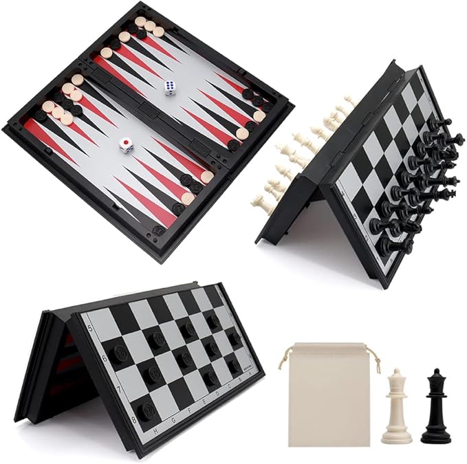 KAILE 10" Magnetic Chess Sets - 3 in 1 Travel Chess Checkers Backgammon Set with Folding Case - Portable Elastic Bag