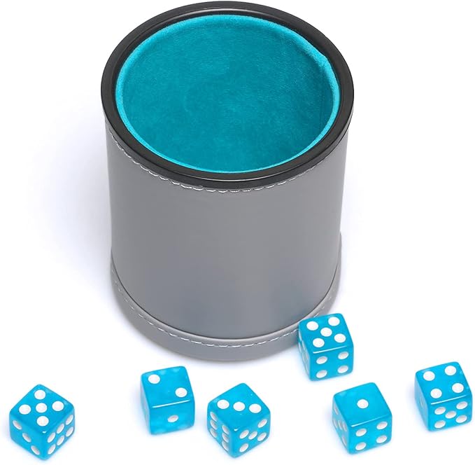 Leatherette Dice Cup Set Lake Blue Velvet Interior Quiet in Shaking with 6 Matching Translucent Dot Dice for Liars Dice Farkle Yahtzee Board Games, 1 Pack