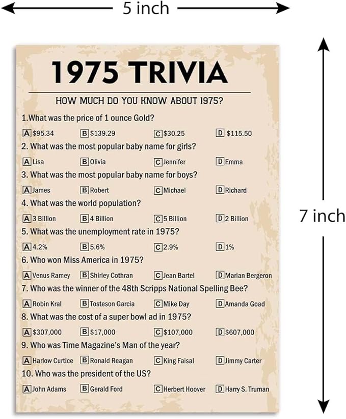 50th Birthday Party Games, 1975 Trivia Games, Birthday Party Supplies for Adults, Fun 1975s Party Game，Pack of 30 Cards