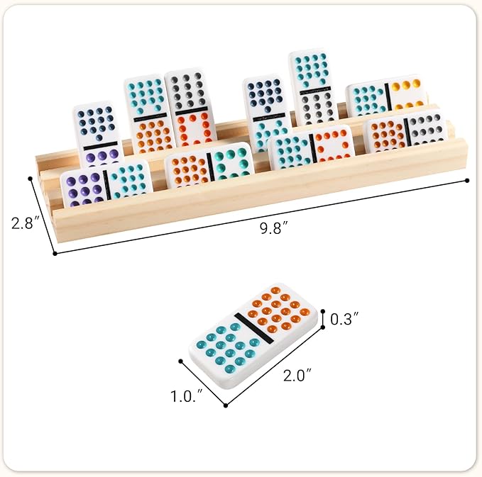 Mexican Train Dominoes Set with 8 Wooden Trays/Racks, Double 15 Dominos Travel Set with 8 Tiles Holders, 136 Tiles Double 15 Colored Dominoes Game Set with Zippered Case for Family Kids