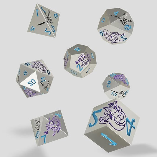 Metal DND Dice Set,Dragons and Warriors DND Dice 7-Pcs Metal Polyhedral Dice Set for Dungeons and Dragons RPG MTG Table Games(Pearl Silver