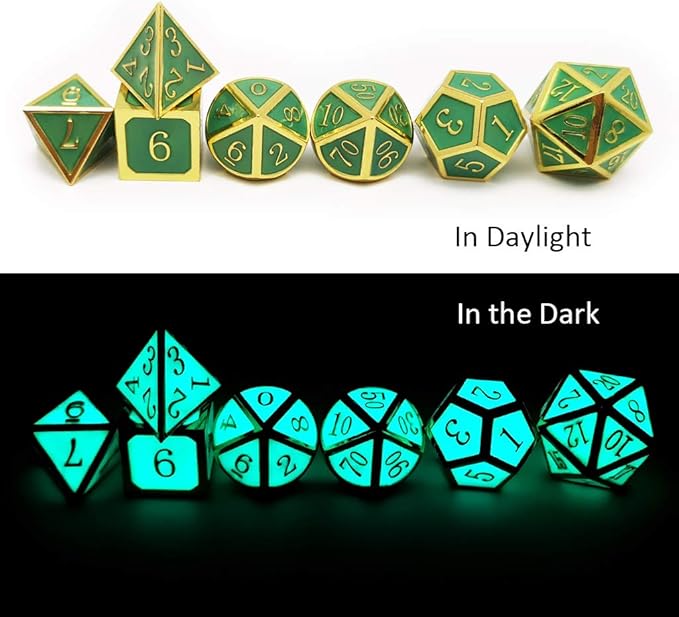 Haxtec Glow in The Dark Glowing Blue Metal Dice Set D&D W/Dragon Dice Bag 7PCS DND Dice Set for Dungeons and Dragons RPG Games-Gold Glowing Blue-V2